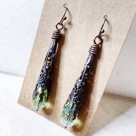 Extra Long! Fall!!! Extra Gorgeous! Copper Filigree & Green Glass Danglers! - Picture 2 of 7